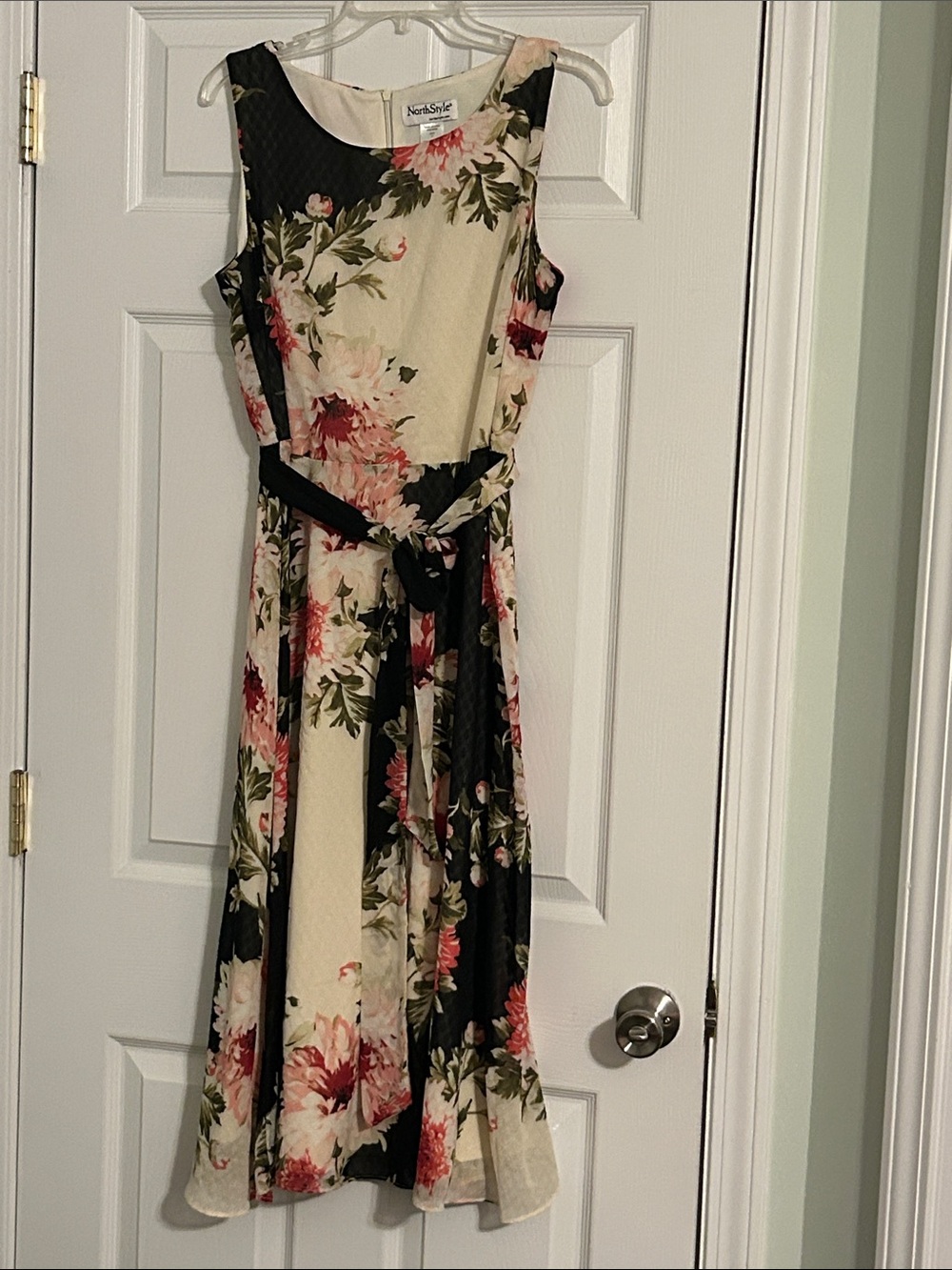 NorthStyle Cream Floral Midi Dress with Black Panels and Pink Blooms